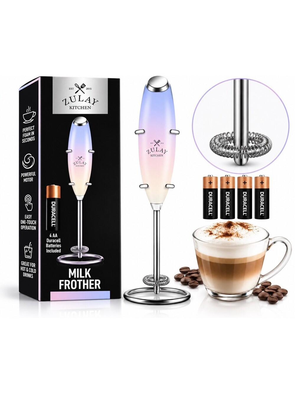💜 Zulay Kitchen Milk Frother Gradient Pastel Electric Handheld 4 AA Batteries